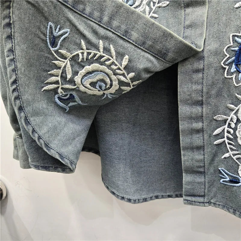 2026 Spring Fashion New Beading Embroidery Denim Shirt For Women Long Sleeve Loose Casual Blouse Female Trendy 11A08739