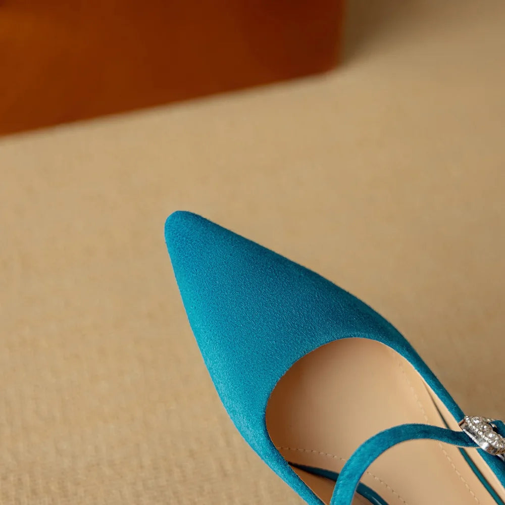 Women's Handmade natural suede Genuine leather metal buckle rivet Mid heel pointed toe dress shoes 34-40