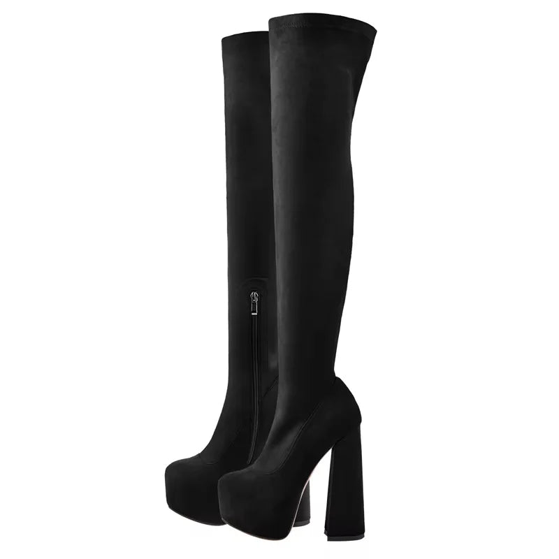 Onlymaker Women Over The Knee Boots Stretch Fabrics Platform Chunky High Heel Slip on Shoes Pointed Toe  Zipper Winter   Boots