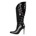 Onlymaker Women Pointed Toe Black Patent Leather Multi Buckle Stiletto Knee High Boots