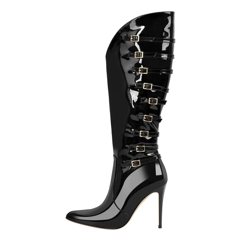 Onlymaker Women Pointed Toe Black Patent Leather Multi Buckle Stiletto Knee High Boots
