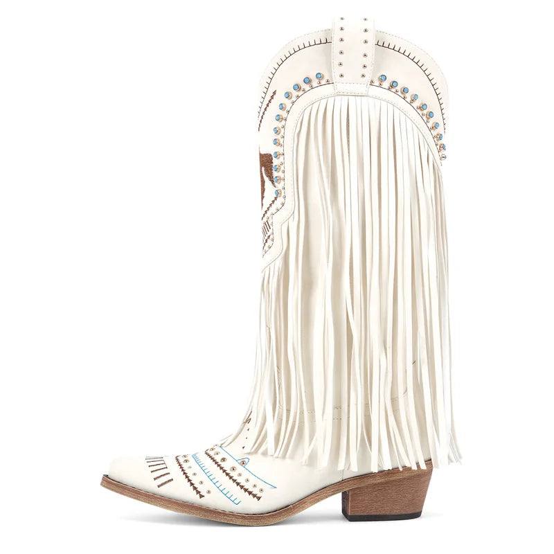 Onlymaker Women Pointed Toe Retro Fringe Pull On Western Cowgirl Boots Fringed Chunky Heel Embroidery Cowboy Boots