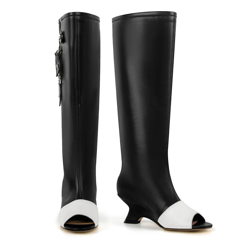 Onlymaker Women  Peep Toe  Matte Shaped Heel Knee High Boots  Fashion Kitten Heel  Female Boots