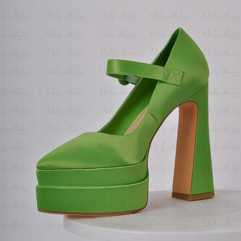 Women Platform Pointed Toe Pumps Chunky High Heels Ankle Strap Dress Party Dress Big Size Green Female Shoes