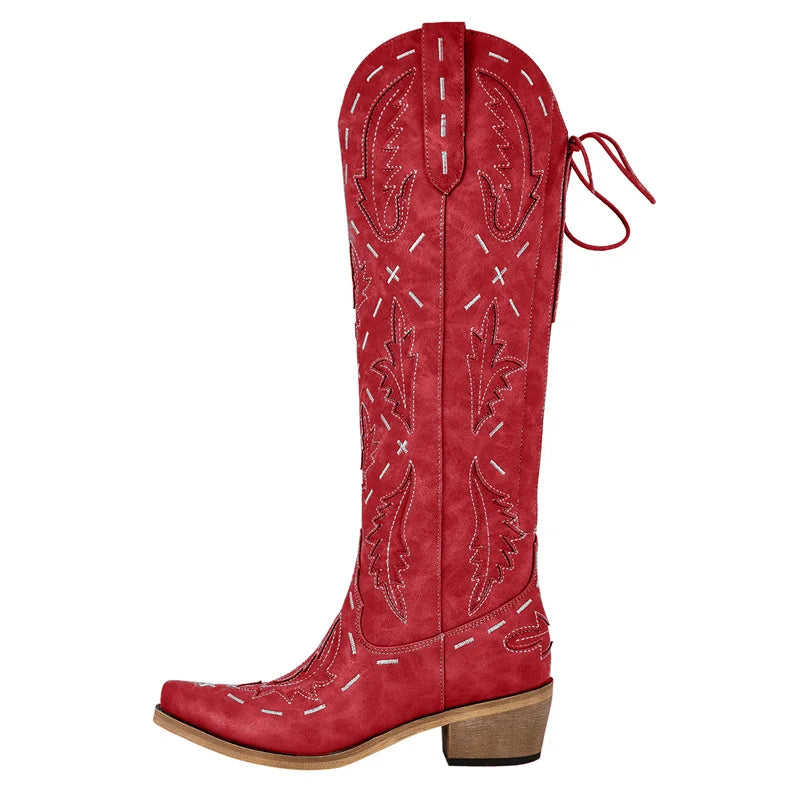Onlymaker Women Cowgirl Boots Embroidery Lace-up Knee High Wide Calf Western Cowboy Boots