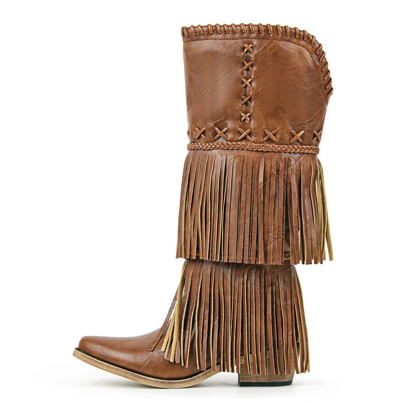 Onlymaker Women Pointed Toe Fringe Pull On Retro Western Cowgirl Boots Fringed Chunky Heel Embroidery Cowboy Boots