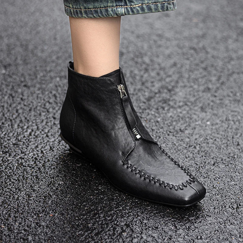 Women Handmade Genuine Leather Mid Heel Modern Soft and comfortable Ankle Boots Daily Shoes Zipper Boots 34-40