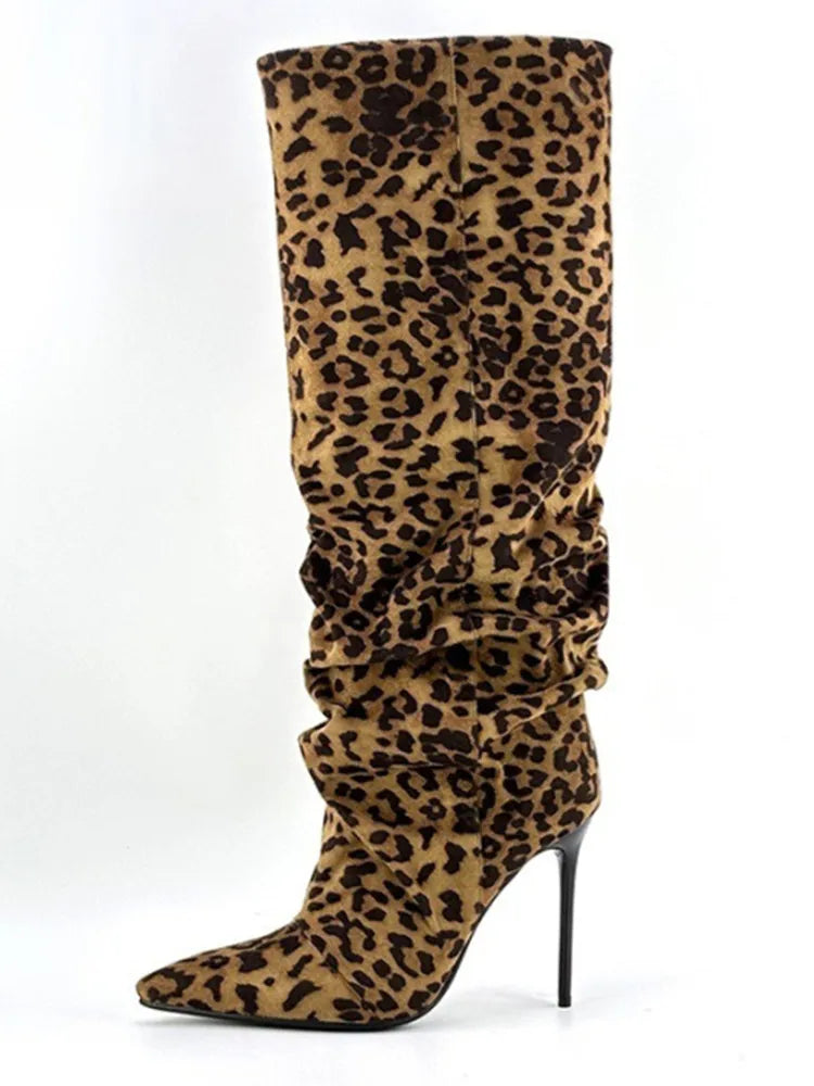 Ladies' Spring and Autumn New High Heels, Knee Length Boots, Side Zipper Folding High Barrel Fashion Large Women's Boots