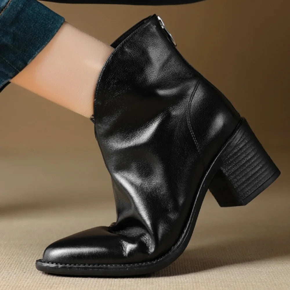 Women Handmade Genuine Leather Pointed Toe Chunky Heel Shoes Casual Zip Ankle Boots Western Boots 34-40
