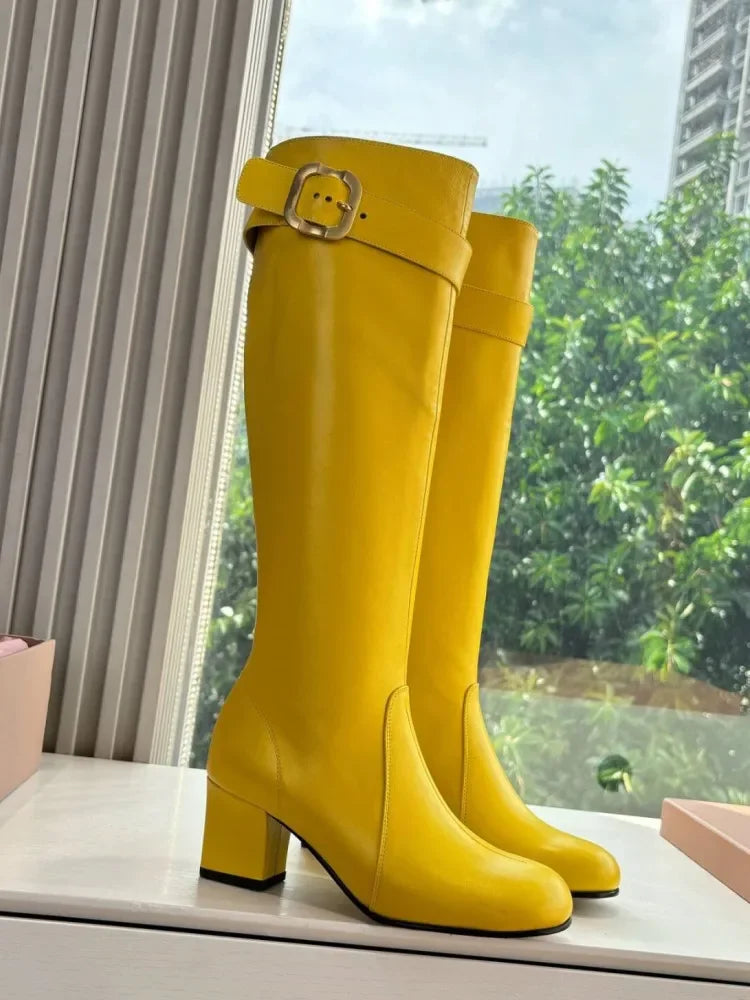 Women's New Thick High Heels Knee High Boots Autumn and Winter Round Toe Buckle Fashionable Mid Heel Boots Women's Short Boots