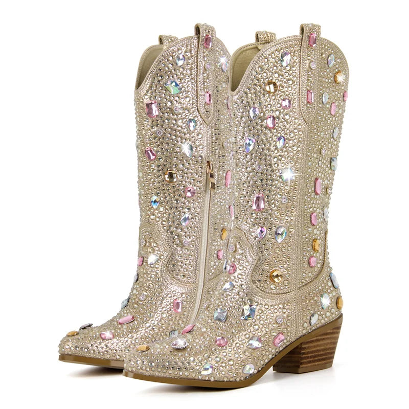 Women Sparkly Multi-colored Rhinestone Handmade Mid-calf Western Boots