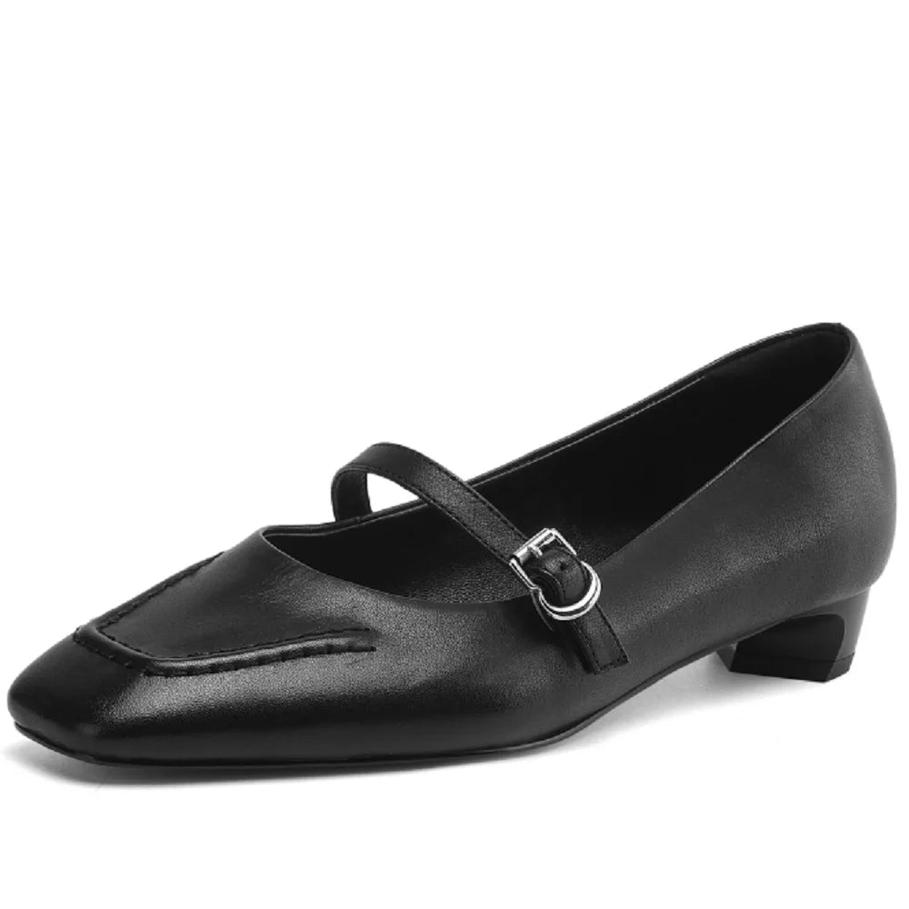 women Handmade Brand Genuine leather Mid heel square toe slip-on Mary Jane Mid Hell elegant ladies shoes 34-41