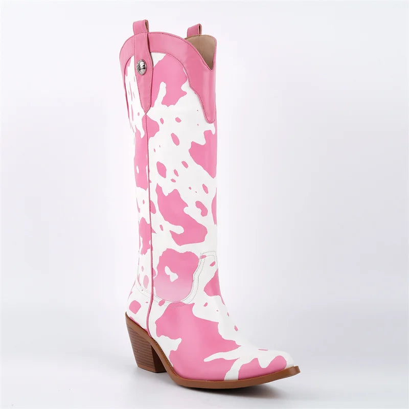 Onlymaker Women Pointed Toe Cow Print Knee High Western Boots Mid Calf Chunky Heel Cowgirl Western Boots