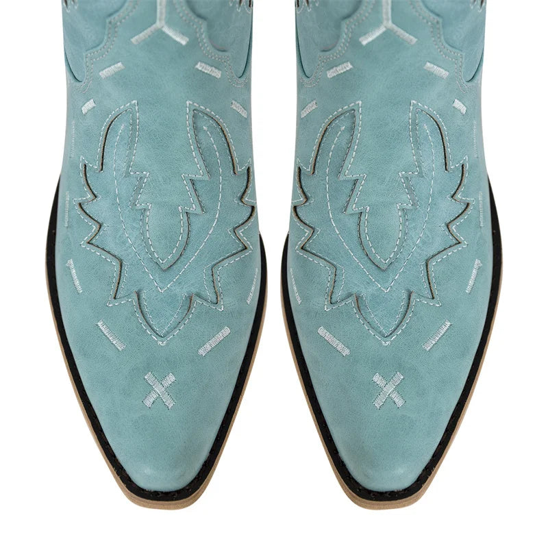 Onlymaker Women Cowgirl Boots Embroidery Lace-up Knee High Wide Calf Western Cowboy Boots