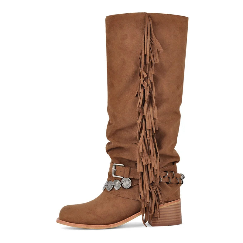 Onlymaker Women Round Toe Fold Over Fringe Knee High Boots Block Heel Fashion  Boots