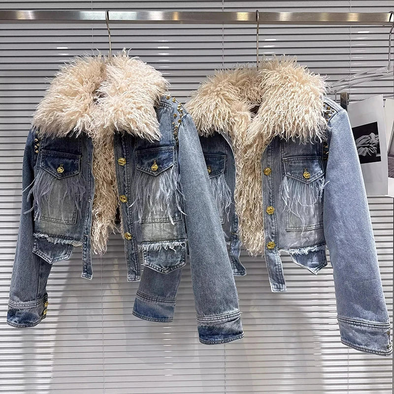 2026 Jeans Jacket Autumn New Fashion Vintage With Fur Rivets Cotton Lining Denim Jacket For Women High Waist Coat Female 11A07149