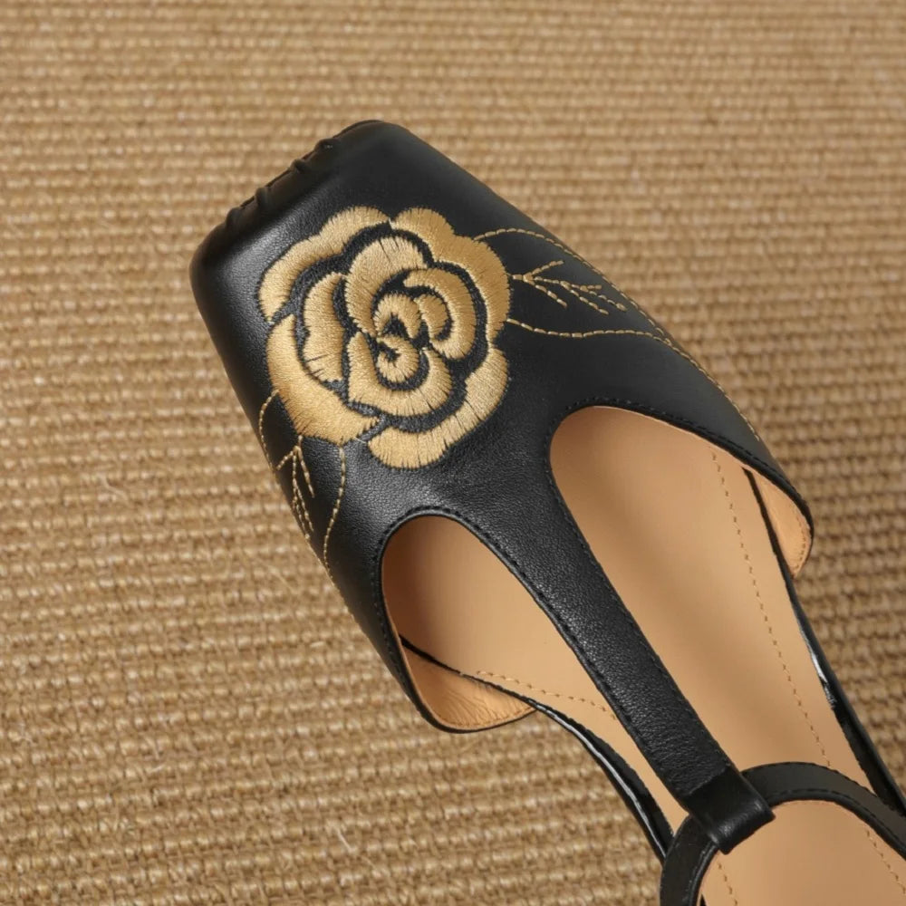 Summer Handmade Genuine Leather New Women Tea Flower Head Covering Leather Sandal Slip-On Mid Heel Upgraded 34-40