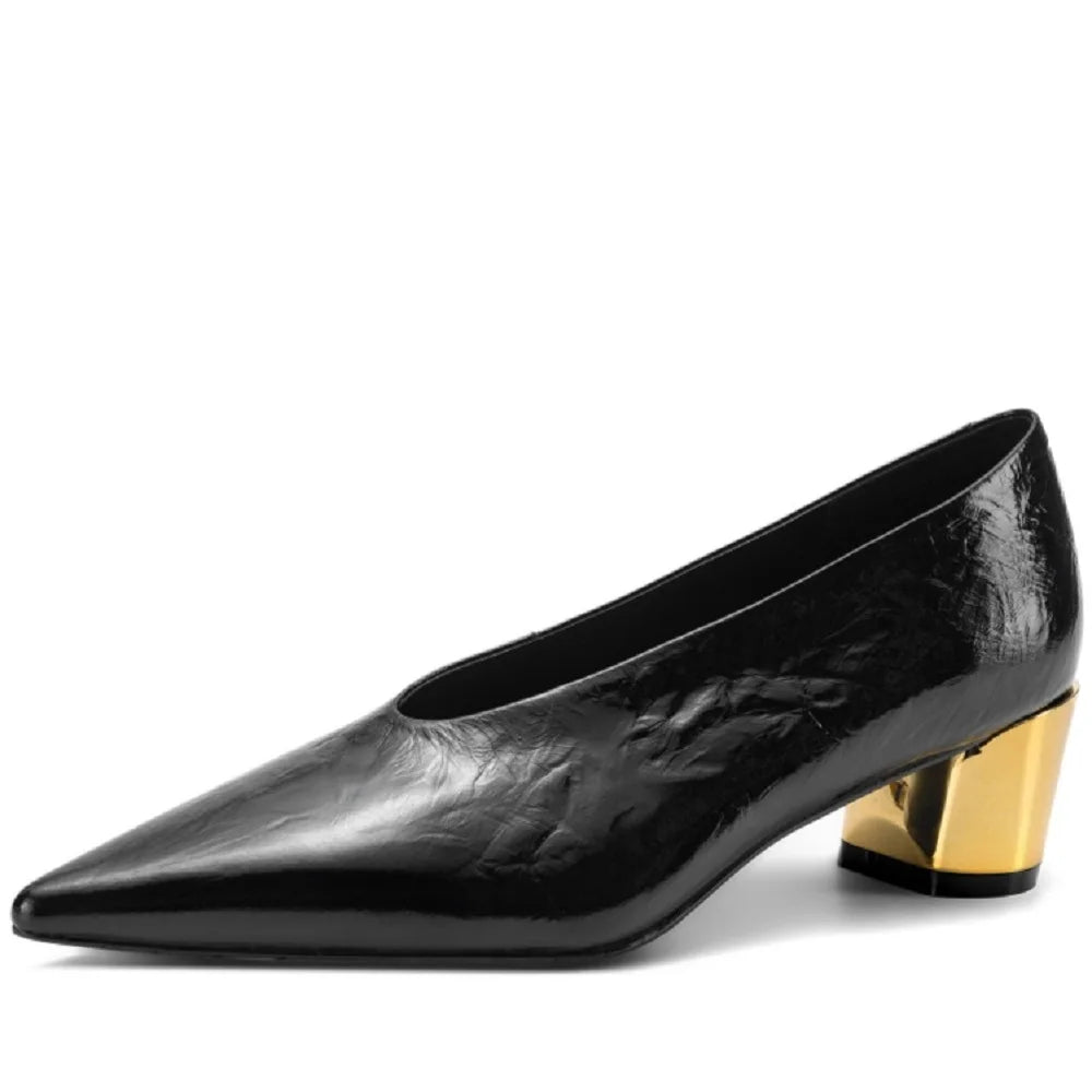 Sexy Handmade Genuine Leather New Designer Vintage Evening Shoes Ladies Pointed Toe V Cut Woman Shoes Mid Heel