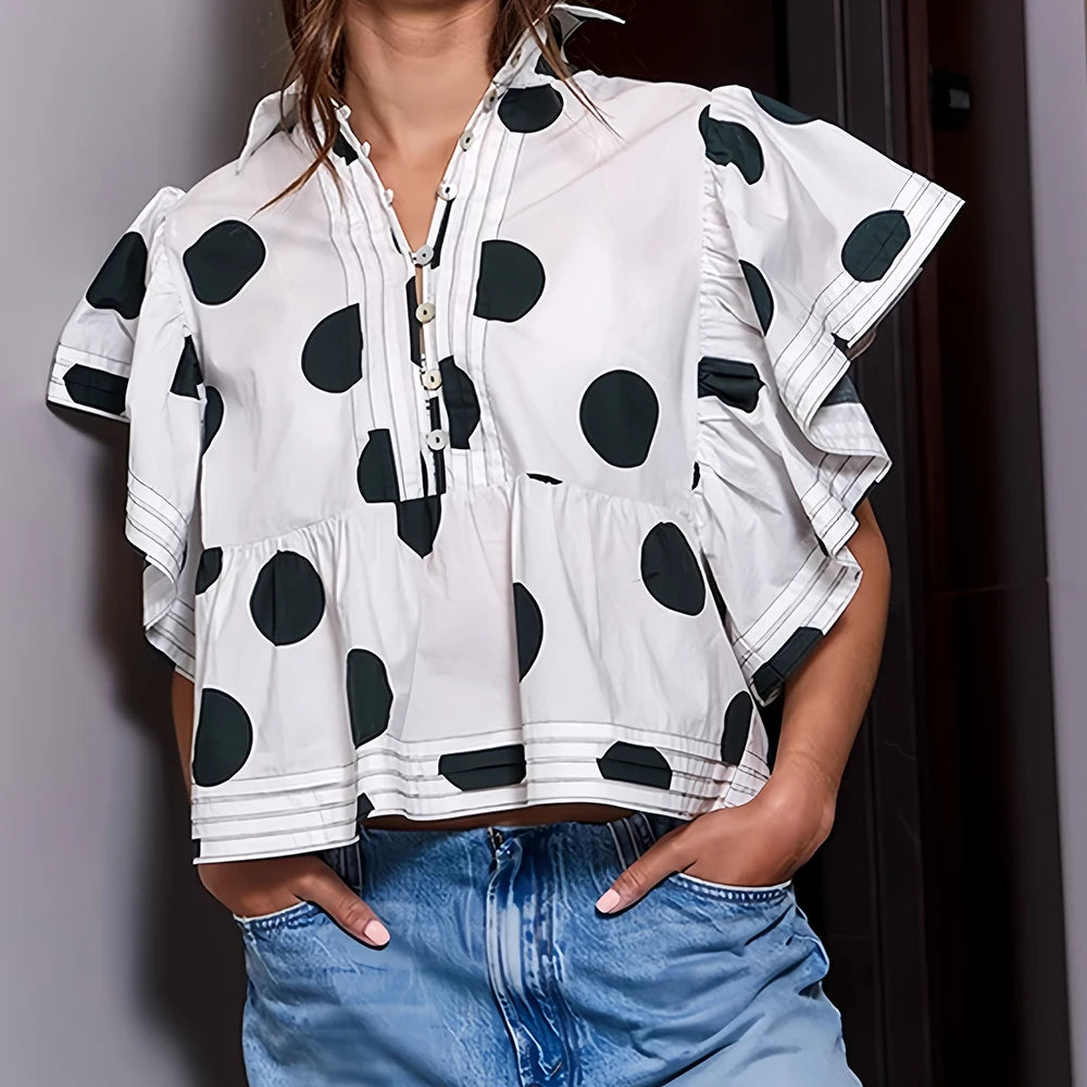 Women Vintage Polka Dot Short Ruffle Sleeves Tops Cute Button V Neck Pleated Cropped Babydoll Blouses Aesthetic Preppy Shirts