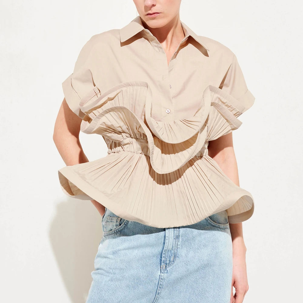 Solid Patchwork Folds Casual Shirts For Women Lapel Short Sleeve Spliced Single Breasted Minimalist Blouses Female Fashion