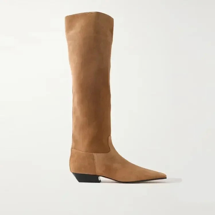 2026 Ladies' Low Heel Knee High Women's Boots Autumn and Winter Square Toe Leather Fashionable 34-46 Large Mid Length Boots