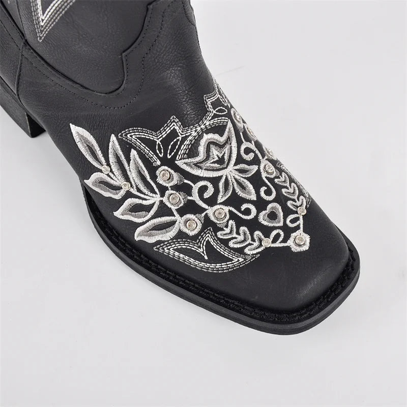 Women Square Toe Floral Rhinestones Embroidery Western Boots Pull On Knee High Chunky Heel Embroidered Boots