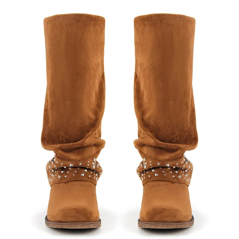Onlymaker Women Round Toe Flock Knee High Boots Block Heel Fashion Fold Over Boots