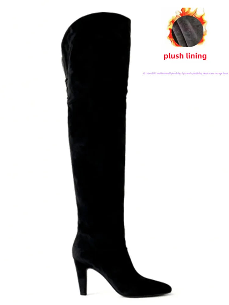 2026 Autumn and Winter Women's Thick High-heeled Knee High Boots, Round Headed Cowhide Suede Fashionable Women's Plus Size Boots
