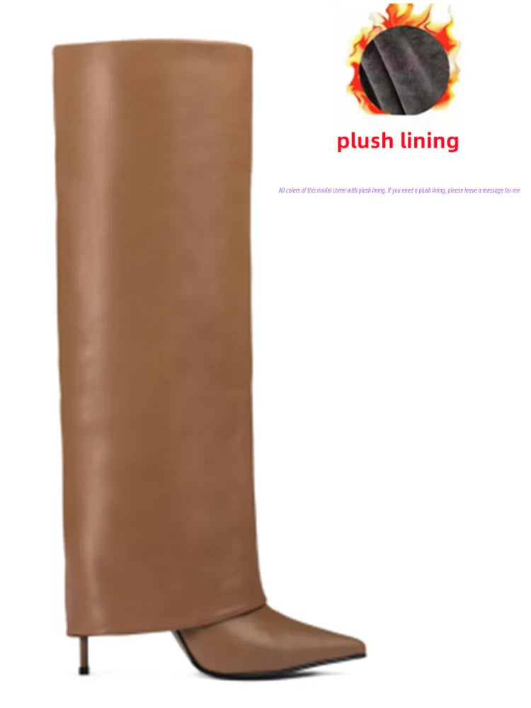 Autumn and Winter New Women's Knee High Leather Boots, Pointed Thin High-heeled Skirt Boots, Black Plus Size Long Boots