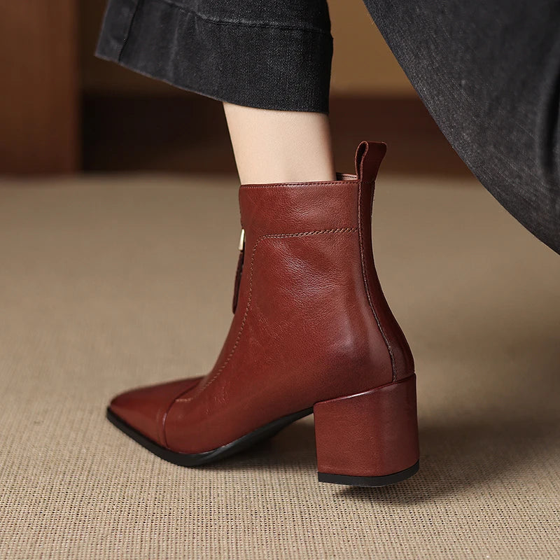 New Women Handmade Genuine Leather Soft comfortable High Heels Ankle Boots Square Toe Short Elegant Short 34-40
