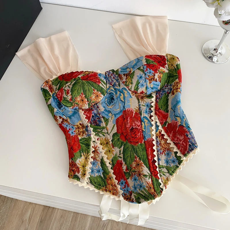 DEAT 2025 Summer New Fashion Embroidered Flowers Strapless Vest For Women Back Bandage Design Tank Tops Female Trendy 11A05382