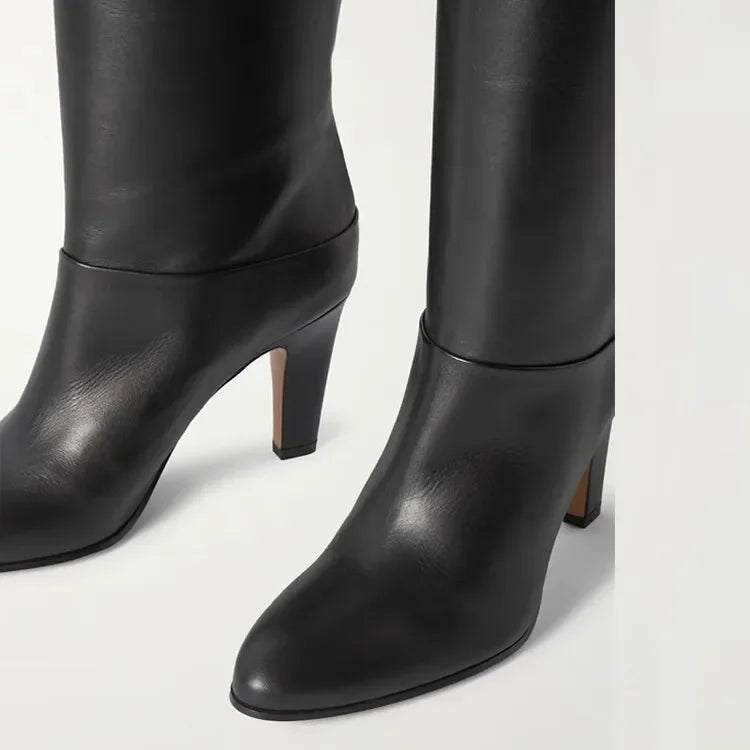 Ladies' Autumn and Winter Knee Length Boots, Round Toe Fashionable Leather Slim Fit High Heels, Size 34-46 Medium Length Boots