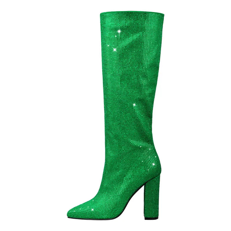 Onlymaker Women Pointed Toe Zipper Square Heels Boots Luxury  Rhinestones Bling Fashion Party Dress Big Size Lady Boots