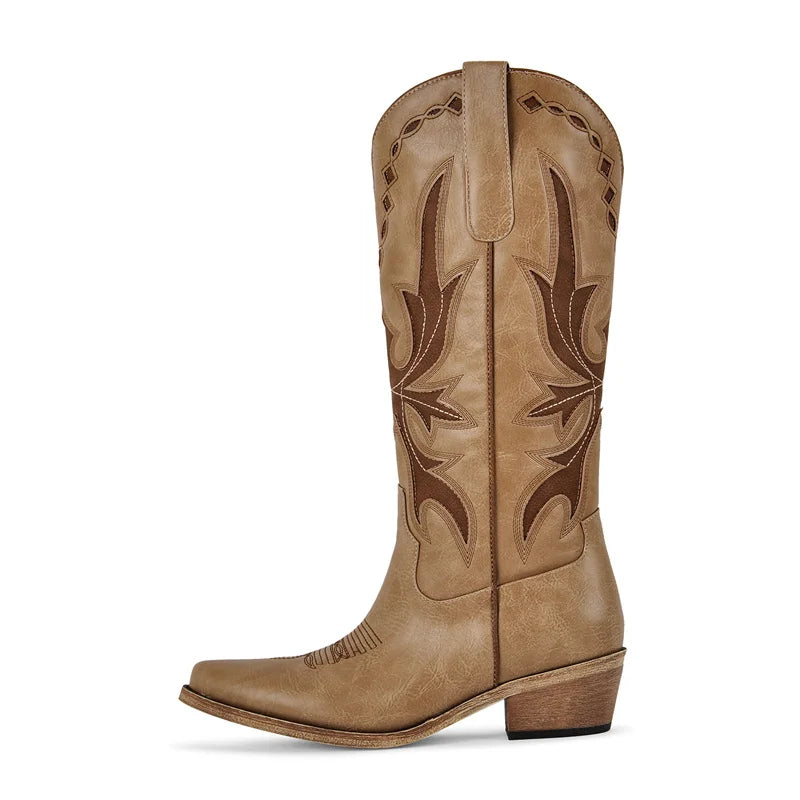 Onlymaker Women Pointed Toe Rivet Pull On Knee High Embroidery Western Cowgirl Boots Chunky Heel Embroidery Cowboy Boots