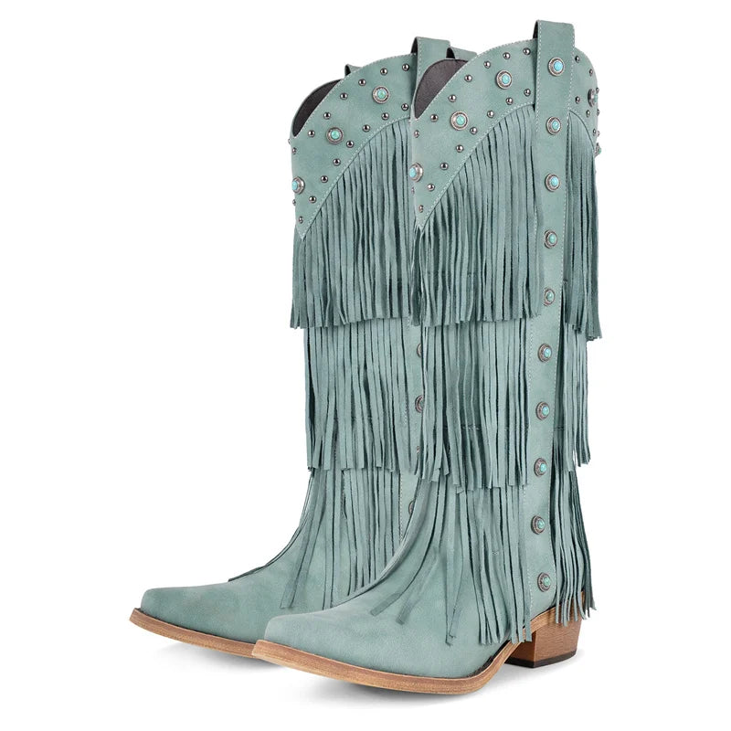 Onlymaker Women Pointed Toe Fringe Pull-on Knee High Boots Comfy Pull On Mid Calf Chunky Heel Embroidered Western Boots