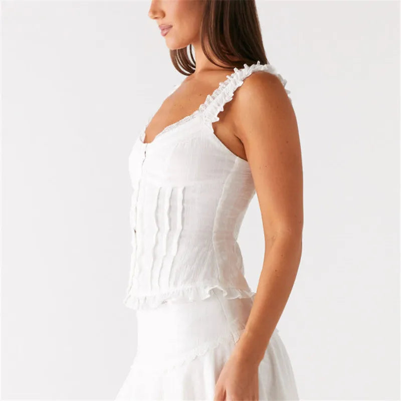 Y2k Ruched Button Up Crop Top 00s Cute Aesthetic Lace Trim T-shirt Vintage Cap Sleeve Milkmaid Tees Women Streetwear