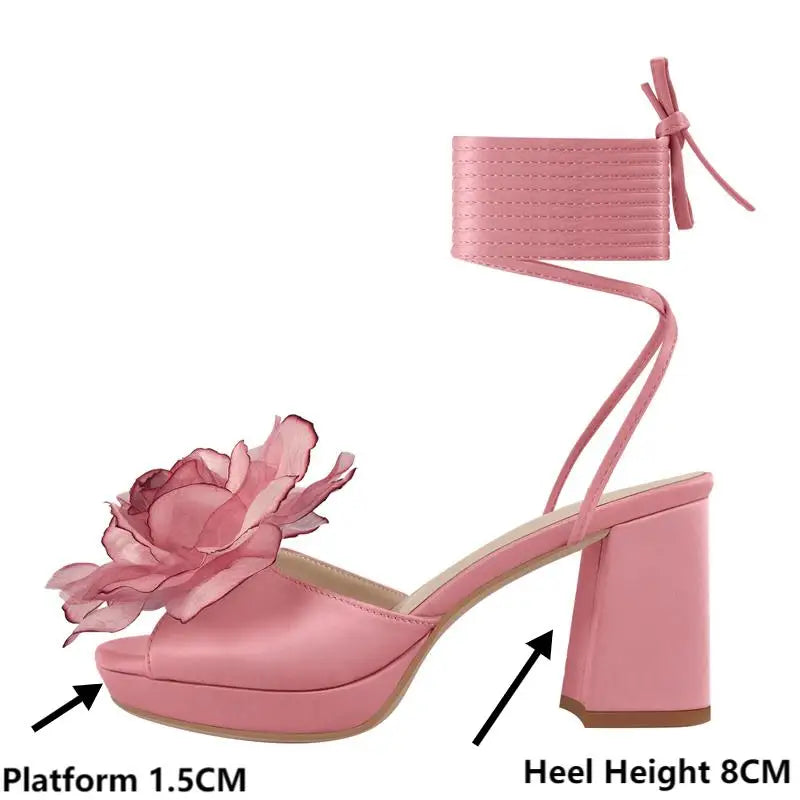Women Platform Pink Flower Lace-UP Open Toe  Chuny Heeled   Summer Sandals