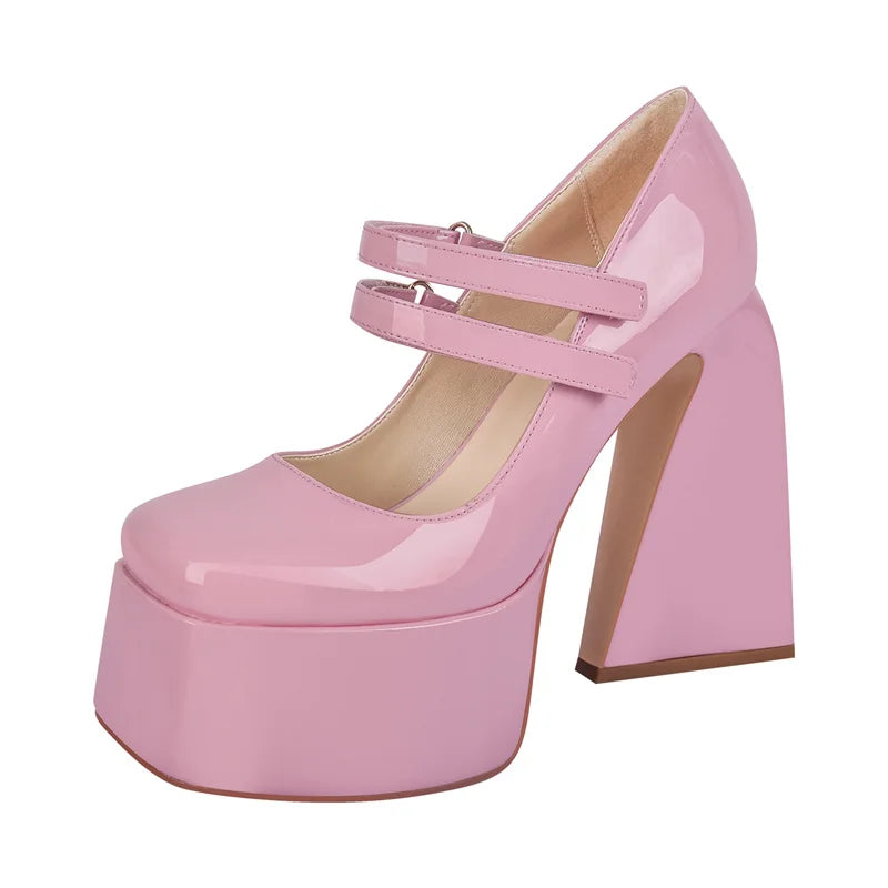 Women Pumps Mary-Jane Platform Black Patent Leather Chunky High Heels Ankle Strap Dress Party Plus Size Punk Shoes