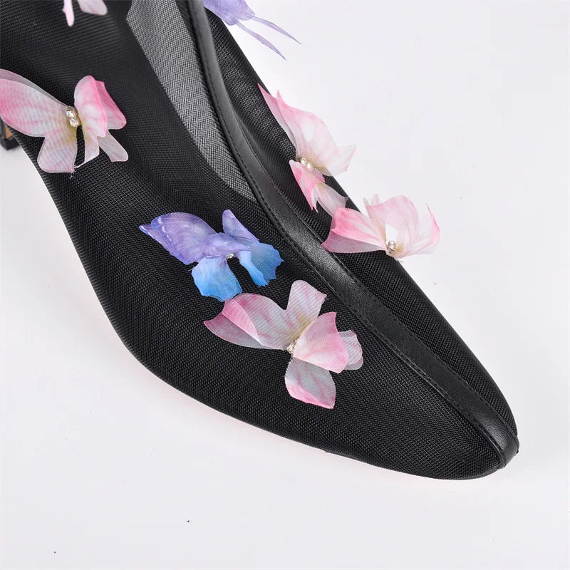 Onlymaker Women  Pointed Toe Butterfly Air Mesh  The Knee High Boots Zipper Sexy Sweet Thin High Heel Wedding Boots