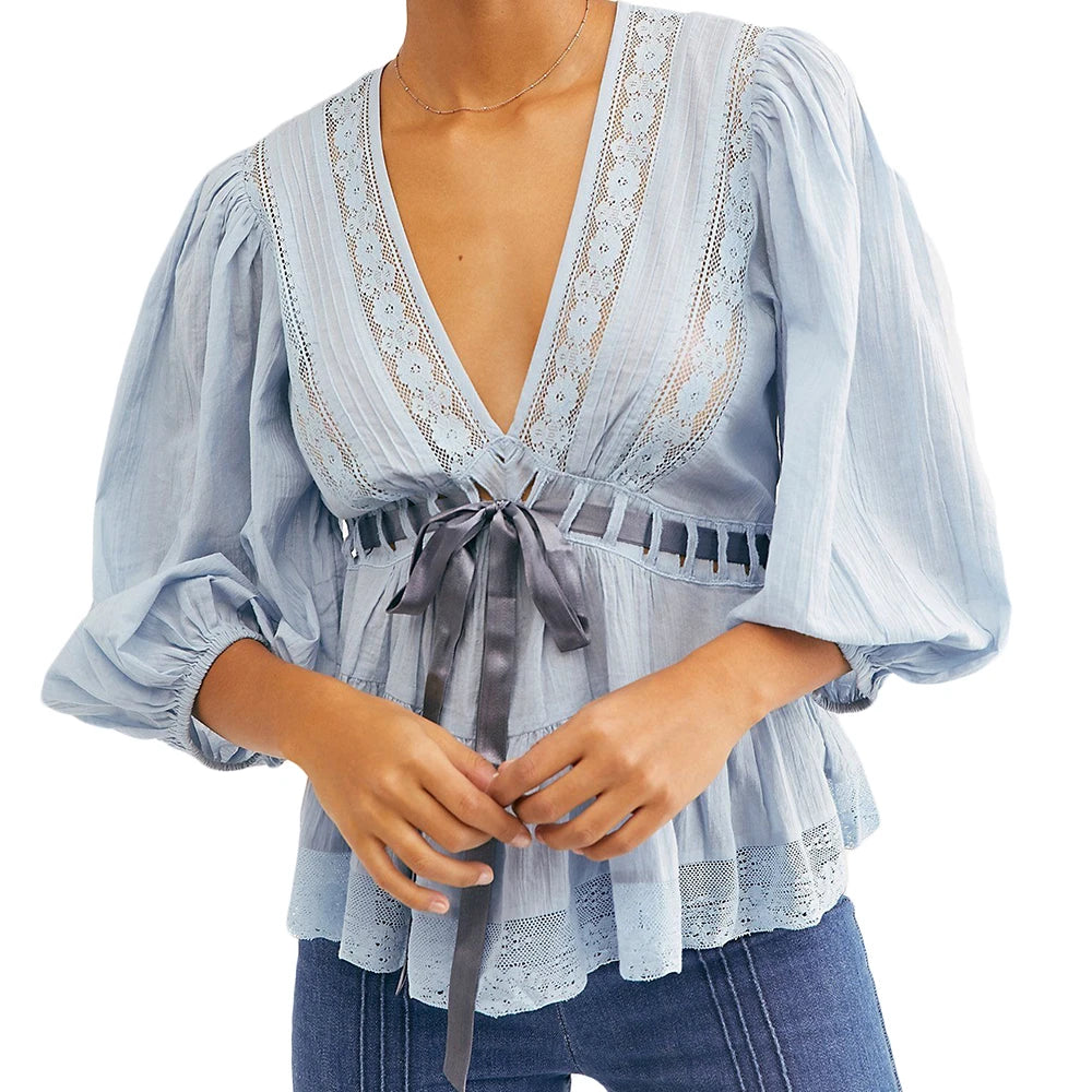 Womens Bow Tie Front Tops y2k Fairy Long Puff Sleeve V Neck Babydoll Peplum Shirts Cute Ruffle Flowy Pleated Blouses Streetwear