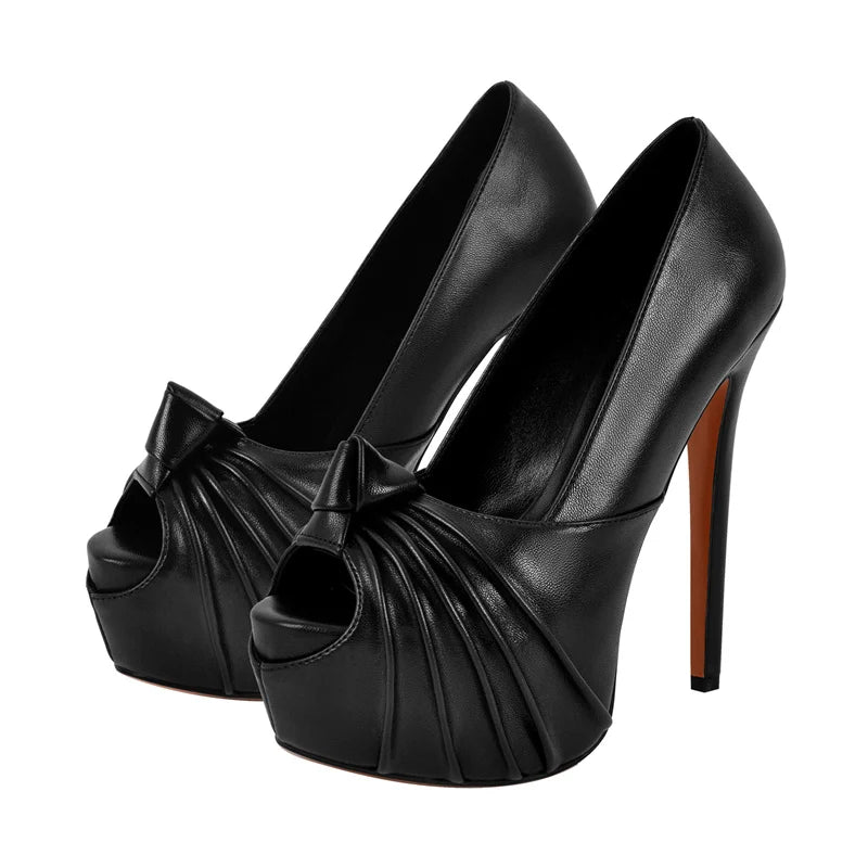 Women Peep Toe Platform Stiletto High Heeled Pumps Gold Knot Bow Style Sexy Shoes