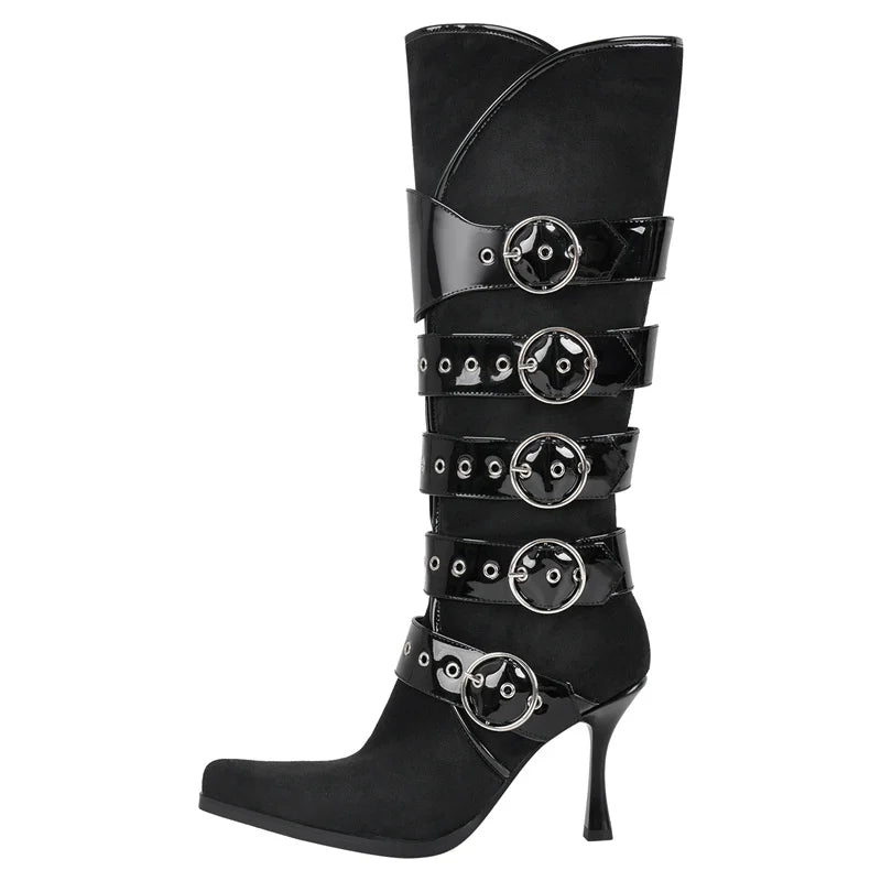 Women Pointed Toe Leopard Buckle Detail Knee High Boots  Stiletto Sexy  Kitten Heels Side Zipper Winter Boots