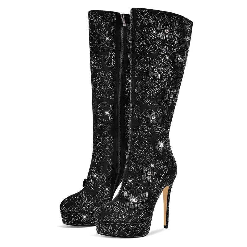 Onlymaker Women Black Platform Rhinestone Flower Knee High Boots  Crystal Side Zipper Stiletto Knee High Boots