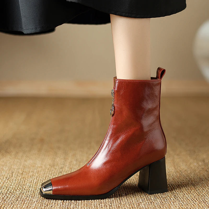 Women Handmade Genuine Leather Ankle Boots Metal High Heels Shoes Winter Square Toe Dress Lady Short Boots 34-40