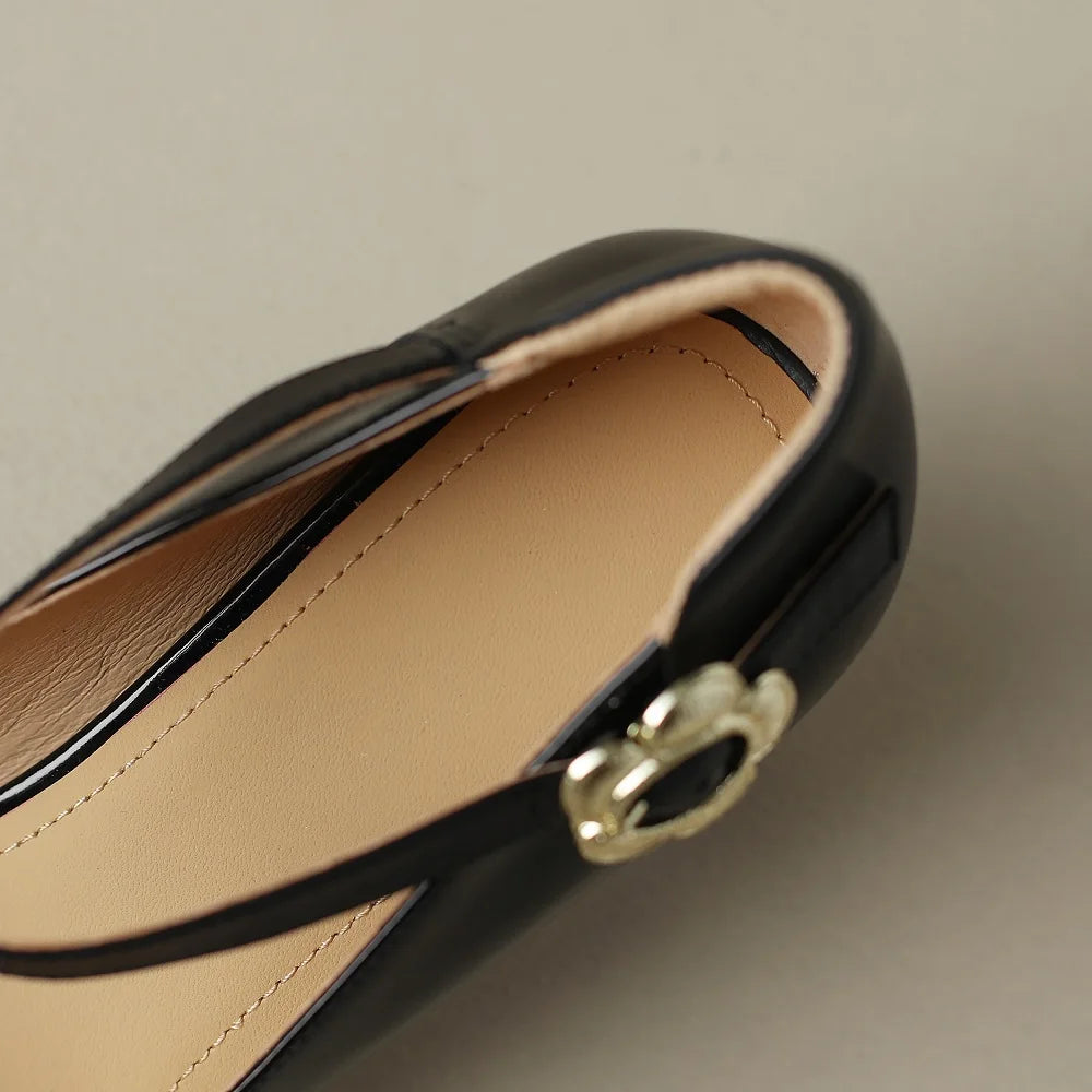 Retro Light Women Handmade Genuine Leather Pointed Toe Metal Buckle One-Strip Style Mid Heel Single Comfortable