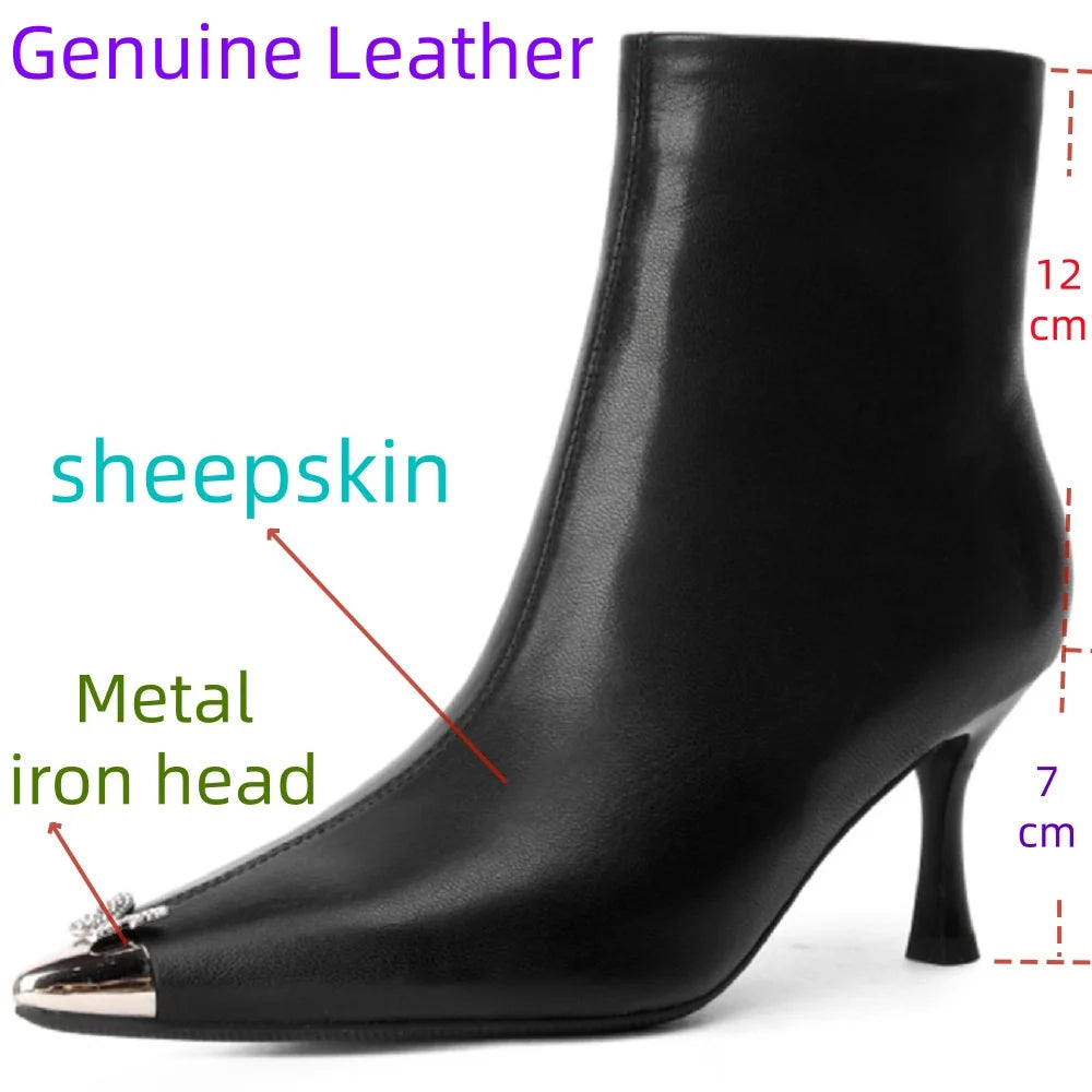 Women Handmade Genuine Leather Ankle Boots Metal iron head Pointed Toe Thin Heel Retro Ladies Shoes 34-40