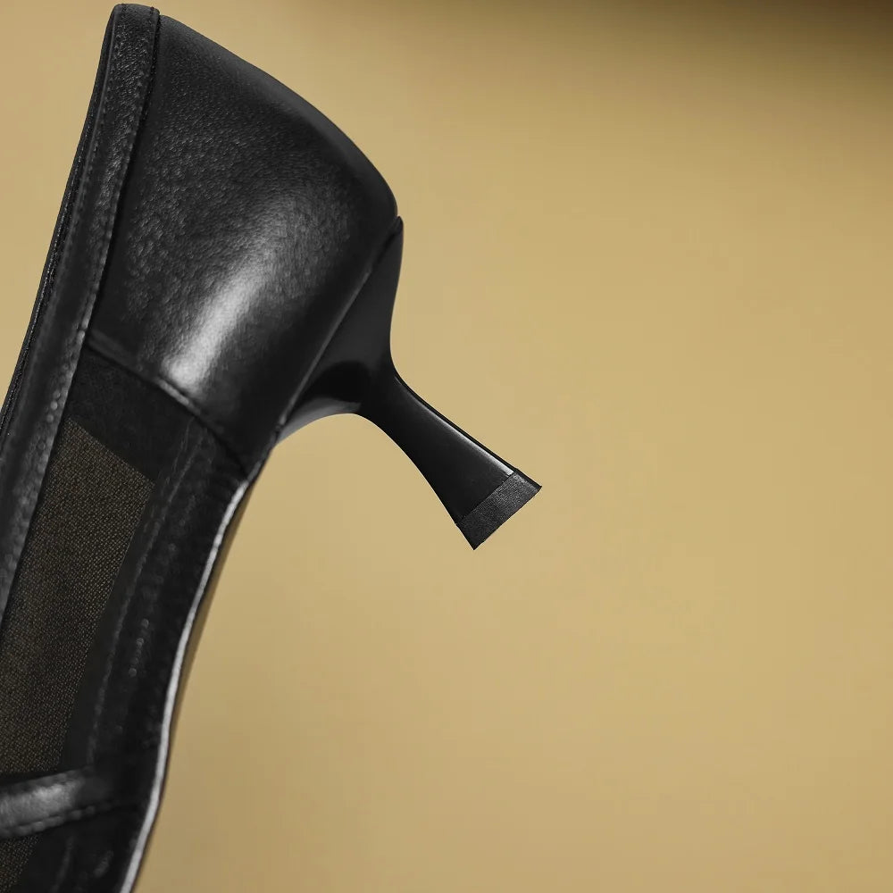 New Women Handmade Genuine Leather Breathable mesh fabric High Heels Elegant Pointed Toe Casual Shoes 34-40