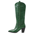 Onlymaker Women Green Knee High Boots Western Cowboy Boots Wide Calf Embroidered Pointed Toe Block Heel Pull-On Cowgirl Booties