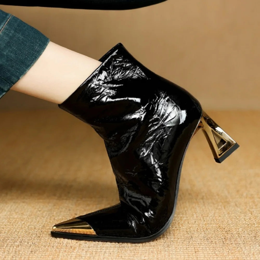 Winter New Handmade Genuine Leather Ankle Short Boots Women Pointed Toe Elegant Heel Dress Ladies Shoes 34-40