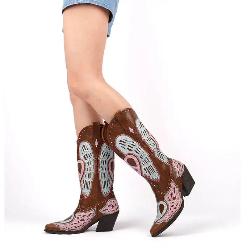 Onlymaker Women Pointed Toe Western Knee High Cowgirl Boots Embroidered Wide Calf  Chunky Block Heel Cowboy Boots